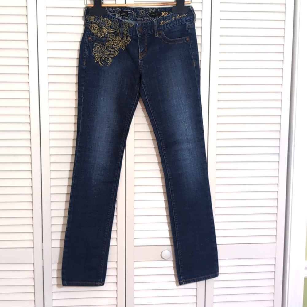 Express X2 w01 Womens Zelda Skinny Jeans Size 2 Low Rise Gold Color Embroidered